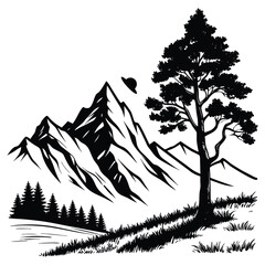 Black and white mountain landscape with a lone pine tree
