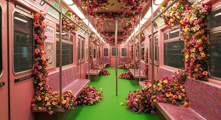 Subway car interior decorated with flowers train floral decoration art installation public transport transportation pink green colorful