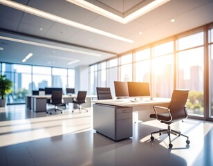 Bright Modern Office Space with Desks Chairs and City View Filled with Sunlight