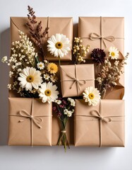 Kraft Paper Wrapped Gifts Adorned with Daisies and Dried Floral Arrangements