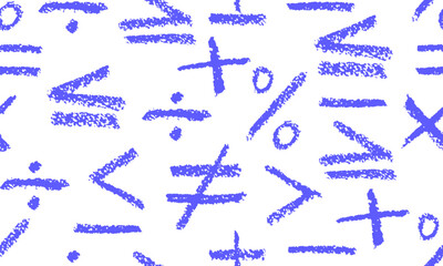 Creative seamless vector background of chalk and crayon brush education icons. Sketchy calculus pattern features isolated elements inequality signs, plus, minus, equal, multiply, divide and percent.