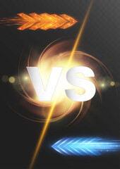 vs glowing battle background with light arrows in orange and blue colors for competition or game design.