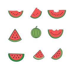 Watermelon Cartoon Icon Set Vector Design. Watermelon slices vector illustration. Fresh watermelon clipart set. Summer fruit icon collection. Watermelon line art drawing. watermelon bite mark vector.