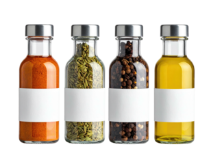 Four glass jars with silver lids, filled with spices, lined up