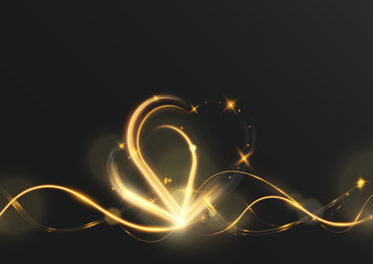 Glowing golden heart light trail with sparkles and bokeh on transparent background for romantic, love, wedding or valentine design.