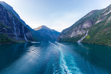 A breath taking sight the most famous and stunning seven sisters waterfall in Geiranger. Seven waterfalls descend into the fjord with an average fall of 250 meters and are an impressive sight. © KimWillems