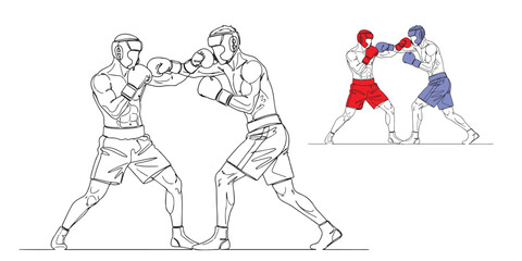 Minimal line art illustration of two boxers fighting in a ring, wearing gloves and protective headgear. Black and white vector drawing symbolizing sports competition, strength, fitness