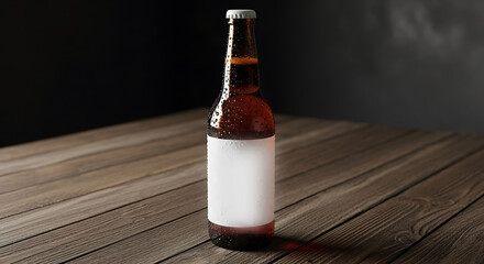 Amber glass beer bottle with condensation on wooden table