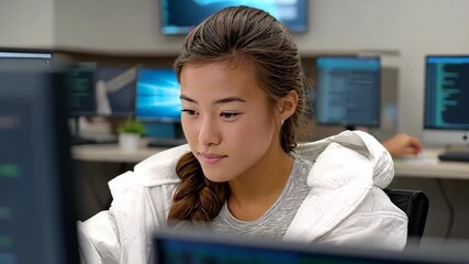 Learning programming in a modern workspace with bright screens and focused students in a tech hub setting - Powered by Adobe