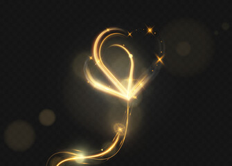 Glowing golden heart light trail with sparkles and bokeh on transparent background for romantic, love, wedding or valentine design.