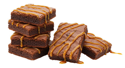 Delicious caramel brownies isolated on transparent background, sweet dessert with chocolate and caramel topping for bakery and confectionery