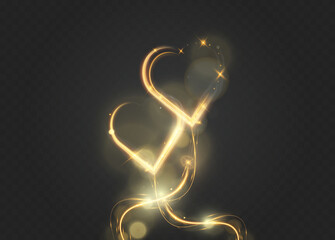 Glowing golden heart light trail with sparkles and bokeh on transparent background for romantic, love, wedding or valentine design.