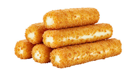 Golden fried mozzarella cheese sticks isolated on transparent background, crispy appetizer snack for restaurant menu and fast food