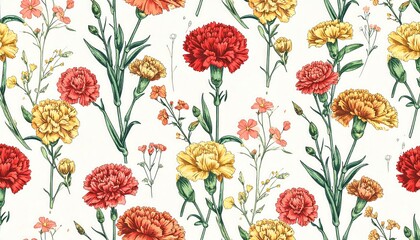 Watercolor floral pattern of red and yellow carnations and small wildflowers on white background