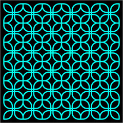 Interlocking cyan loops create endless floral geometry, glowing against black, weaving harmony, rhythm, and balance in a mesmerizing lattice of light.