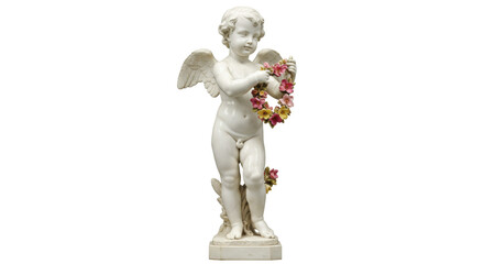 Porcelain cherub statue with flower garland isolated on transparent background, antique figurine...