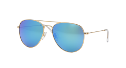 Gold aviator sunglasses with blue mirrored lenses isolated, stylish eyewear for sun protection and fashion accessory