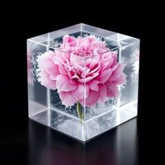 Transparent Cube with Frozen Flower Inside