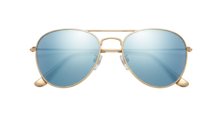 Gold aviator sunglasses with blue mirrored lenses isolated, stylish eyewear for sun protection and fashion accessory PNG