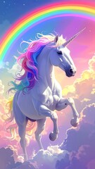 Fototapeta premium Magical unicorn in flight under a rainbow