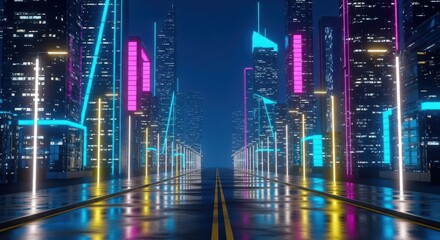 Neon city street at night futuristic cityscape with glowing lights urban backgrou