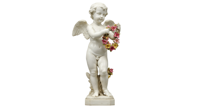 Porcelain cherub statue with flower garland isolated on transparent background, antique figurine for decoration and art projects