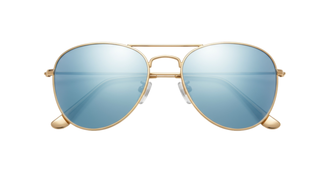 Gold aviator sunglasses with blue mirrored lenses isolated, stylish eyewear for sun protection and fashion accessory PNG