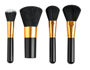 Makeup brushes with black handles, gold ferrules, and various brush head shapes