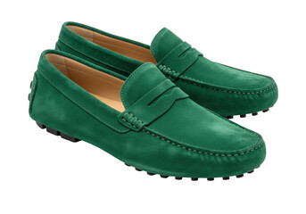 Pair of green suede penny loafers isolated on transparent background, stylish footwear for casual or semi-formal occasions
