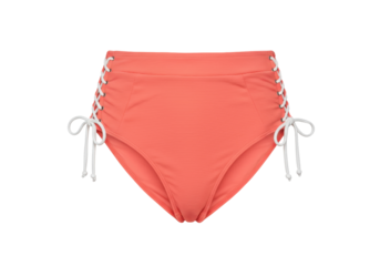 Coral high-waisted bikini bottoms with white lace-up detail isolated, swimwear fashion for summer beach vacation