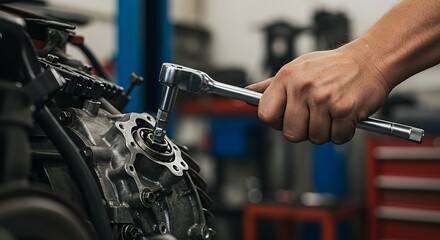 Motorcycle Engine Repair: Close-Up of Mechanic at Work