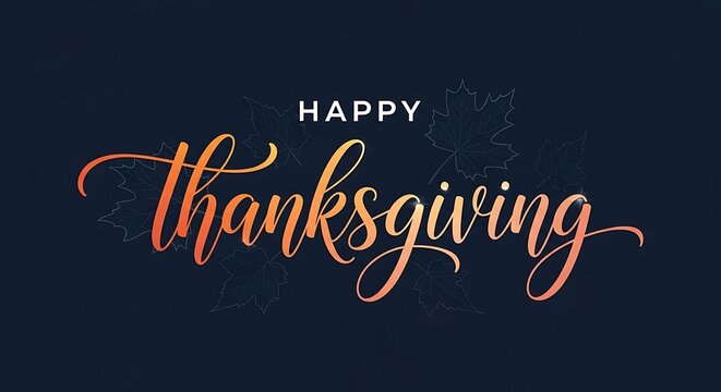 Elegant handwritten calligraphy of happy thanksgiving in warm orange and gold tones set against a dark textured background with subtle speckles perfect for holiday greetings and designs