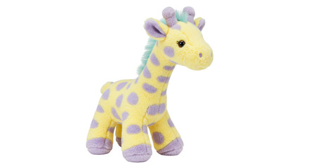 Adorable yellow giraffe plush toy isolated, stuffed animal with purple spots PNG for kids room decor and baby shower gifts