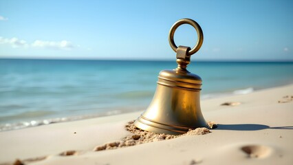 An old brass bell sits partially buried in the sand on a beautiful tropical beach, with calm turquoise water and a clear sky.