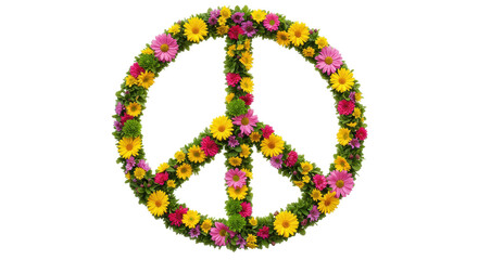 Peace symbol made of colorful flowers isolated on transparent background, floral peace sign for decoration and design