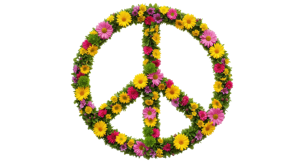 Peace symbol made of colorful flowers isolated on transparent background, floral peace sign for decoration and design