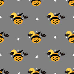 Seamless Halloween pattern with pumpkins, bats, stars, and moon on gray background. Perfect for wrapping paper, fabric, and party decor.