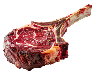 A thick, raw tomahawk steak with a bone, cut against a transparent background