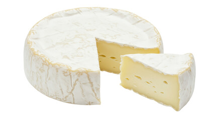 Brie cheese wheel with a cut piece isolated on transparent background, creamy French cheese made from cow s milk PNG