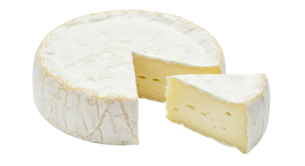 Brie cheese wheel with a cut piece isolated on transparent background, creamy French cheese made from cow s milk PNG