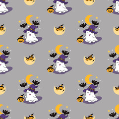 Seamless Halloween pattern featuring cute ghosts, pumpkins, bats, moon, and stars on gray background. Perfect for party supplies and digital papers.