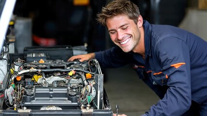 Smiling mechanic working on car engine in garage during daylight hours, showcasing hands-on automotive skills