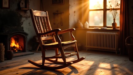 An empty wooden rocking chair sits in a rustic, cozy room by a fireplace, bathed in warm sunlight from a window, evoking nostalgia and peace