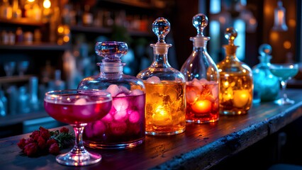 A row of elegant decanters filled with colorful cocktails and ice sits on a bar counter, creating a vibrant and sophisticated atmosphere.