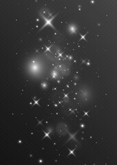 Glowing white sparkle background with shiny light stars and glitter effect on dark transparent surface.