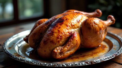 A perfectly golden brown roasted chicken is served on a vintage silver platter, ready for a delicious and hearty homemade dinner.