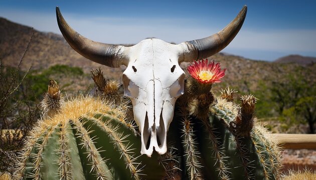 Bull Skull Vulcher Flowers Cacti