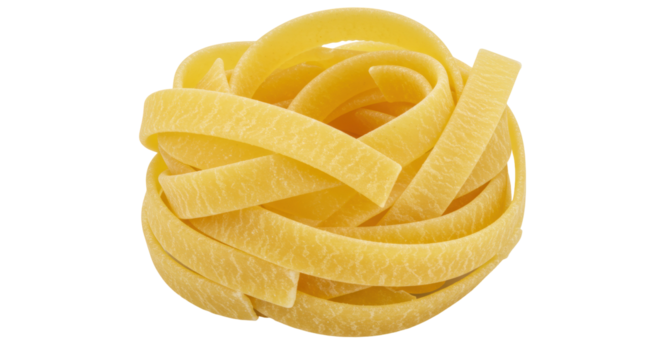 Dried tagliatelle pasta nest isolated, uncooked Italian ribbon noodle food ingredient for gourmet cooking and culinary arts