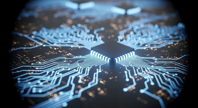 Close-up of a computer processor with illuminated circuit board details, showcasing technology.