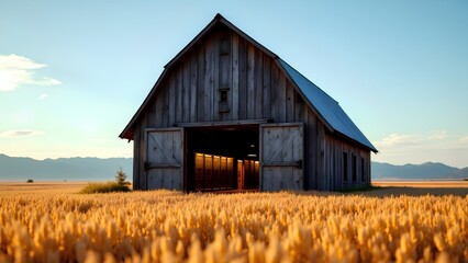 A rustic wooden barn with open doors stands in a golden wheat field at sunset, creating a peaceful and idyllic countryside scene.